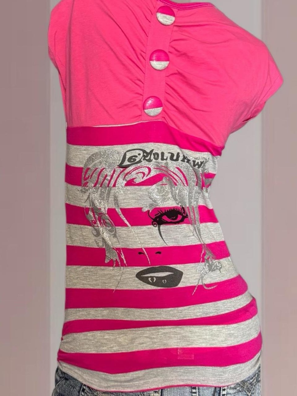 Pink/Grey Striped Baby Doll Button/Bow Top